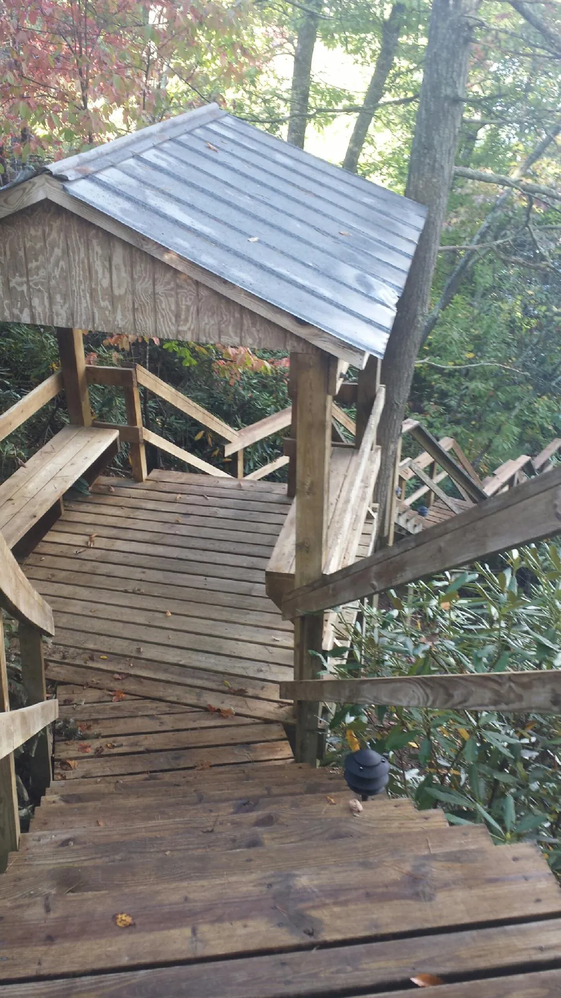 Metal roofed shelter over wooden steps on a wooded walkway — Skylight Repair & Installation work by our crew in Mount Marion